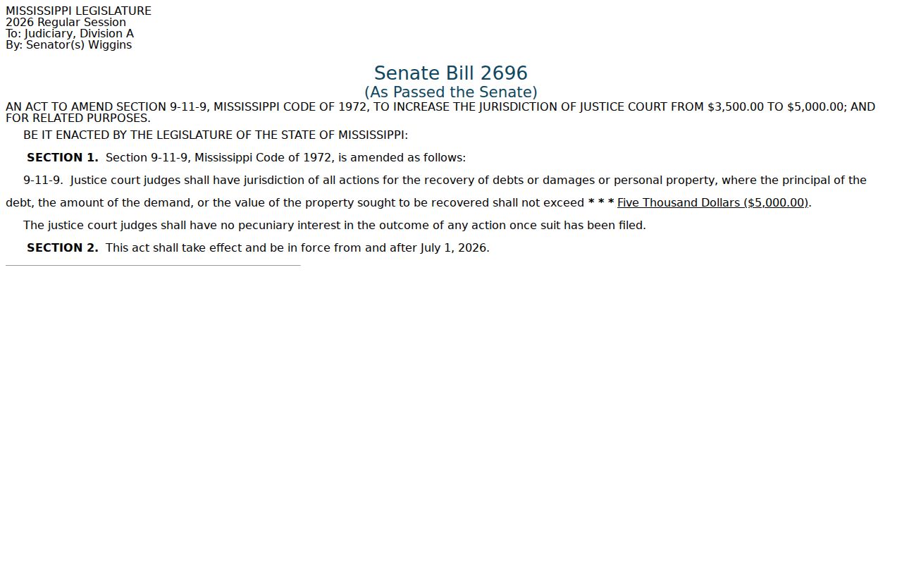 Sharkey County civil docket Justice Court jurisdiction proposal