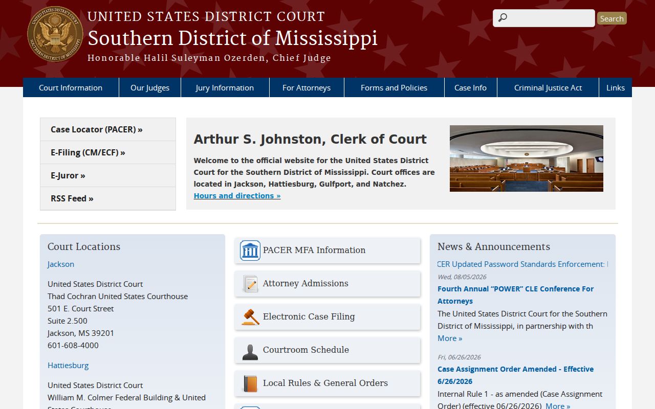 Sharkey County court records reference showing the Southern District of Mississippi federal court site