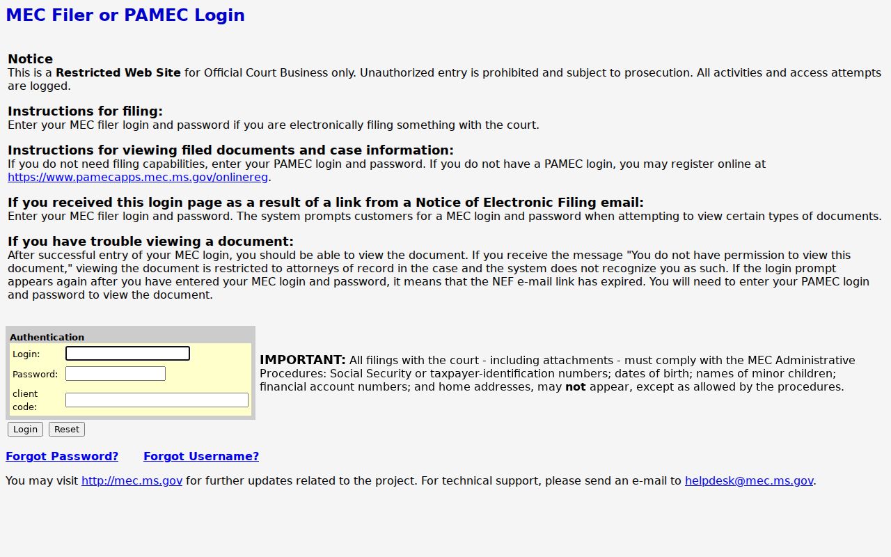 Sharkey County criminal docket MEC login access screen