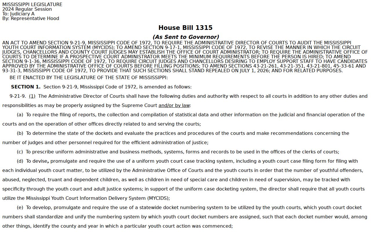 Sharkey County criminal docket youth-code amendment source